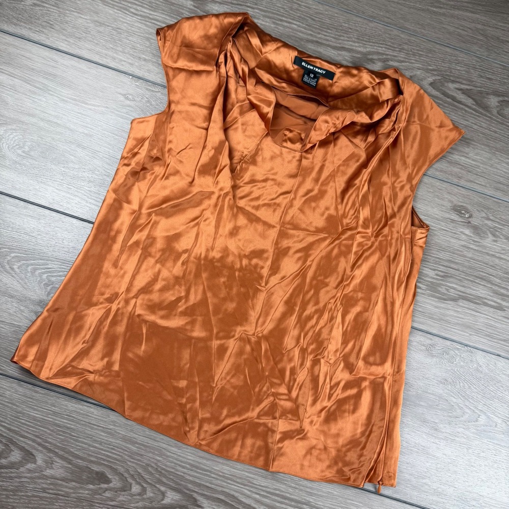 Ellen Tracy Womens Top 100% Silk Cowl Neck Sleeveless Copper Orange Size 12
